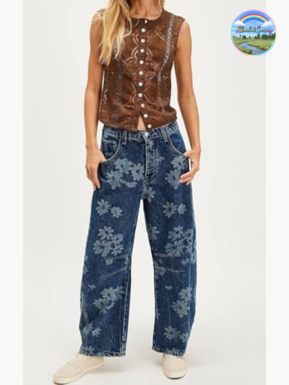 Y2k Distressed Barrel Jeans Baggy Wide Leg Floral Printed Boyfriend Patchwork - Picture 5 of 6